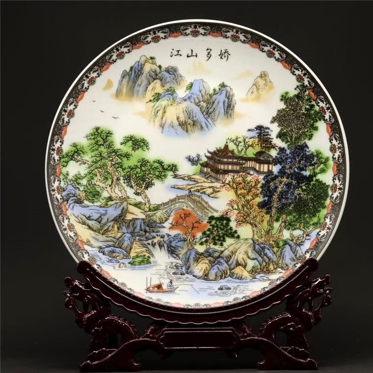 乾隆年制 粉彩江山多娇故事图瓷盘 古典艺术品摆件 开业 乔迁收藏