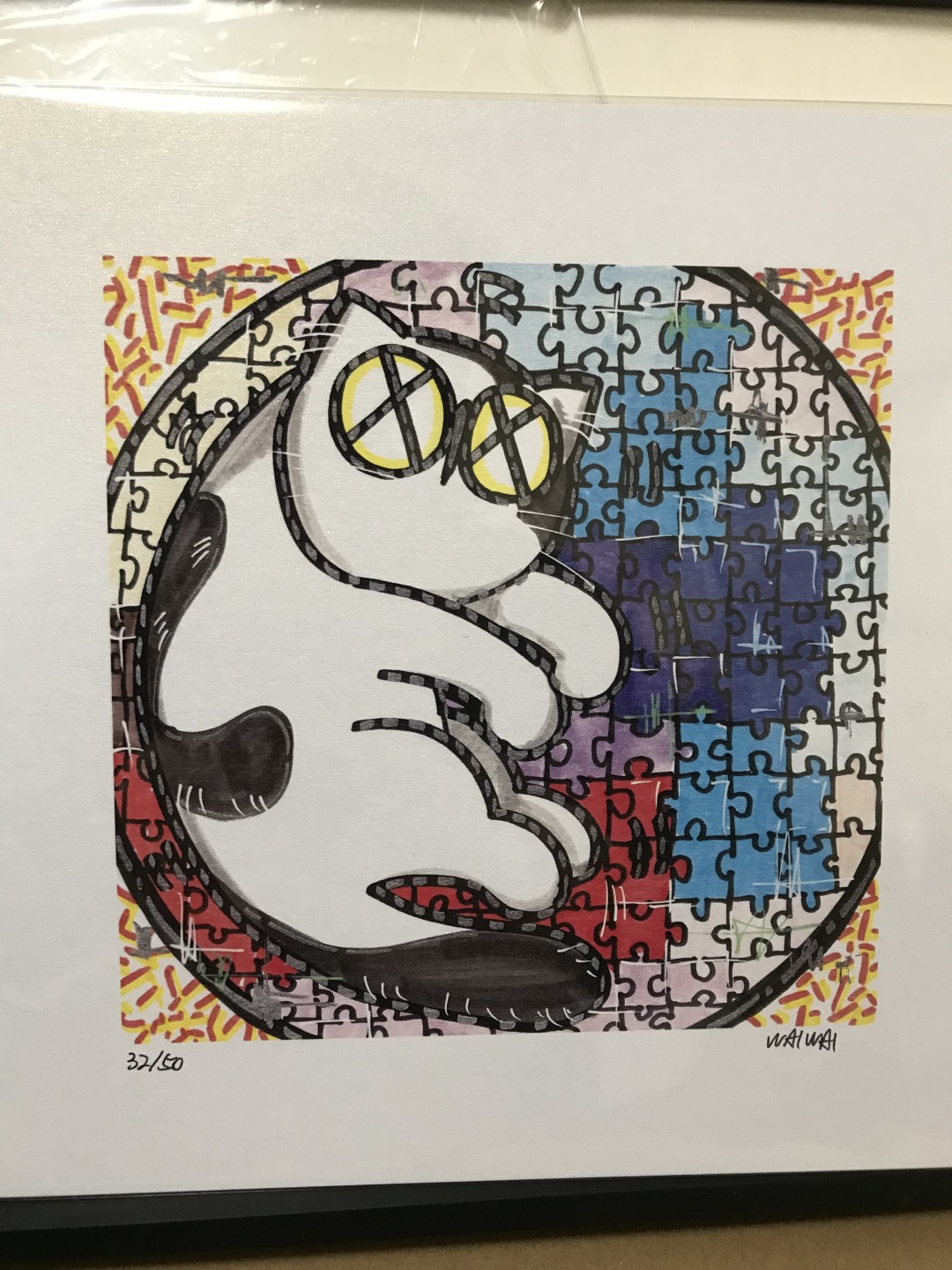 零元拍：歪歪亲笔签名 OWSON系列插画复制画《奶牛》，尺寸约22/22厘米，拍品不含镜框