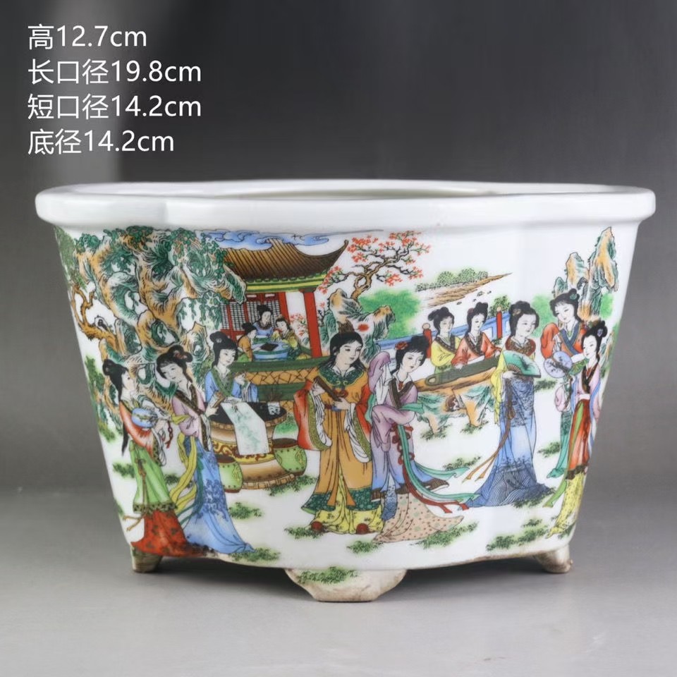 清乾隆年制粉彩十二金钗花盆多肉盆瓷器旧货古玩收藏古家居摆件