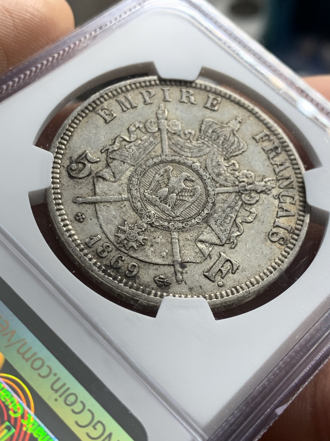 《竞宝斋》第37场-周日 首场自动拍卖 2件或者满200包顺丰 NGC AU55 原味好细节 法国 1869年 拿三 5法郎银币