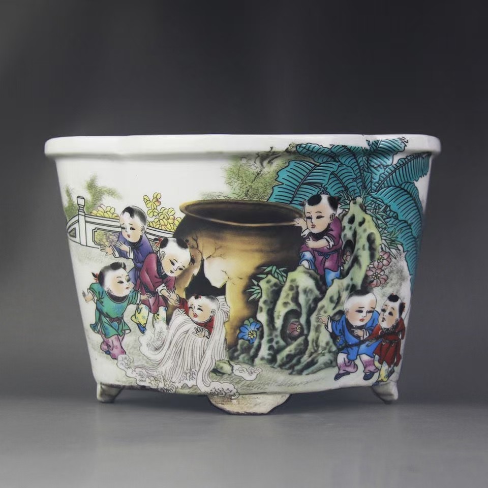 清乾隆治粉彩童子砸缸多肉花盆瓷器旧货古玩收藏古家居中式摆件