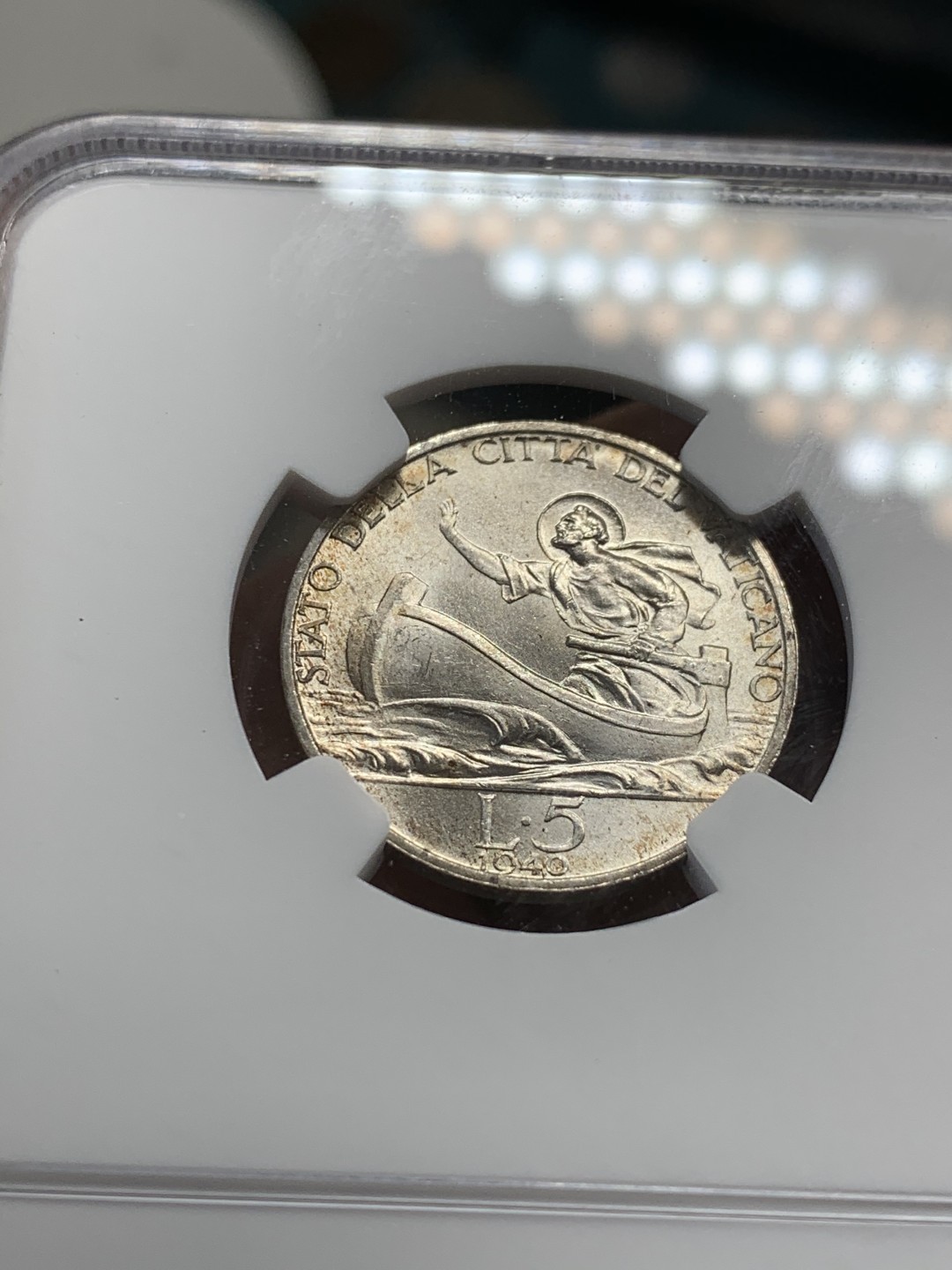 《竞宝斋》第37场-周日 首场自动拍卖 2件或者满200包顺丰 NGC MS63 凝霜十足 梵蒂冈 1940年 教皇 5里拉银币