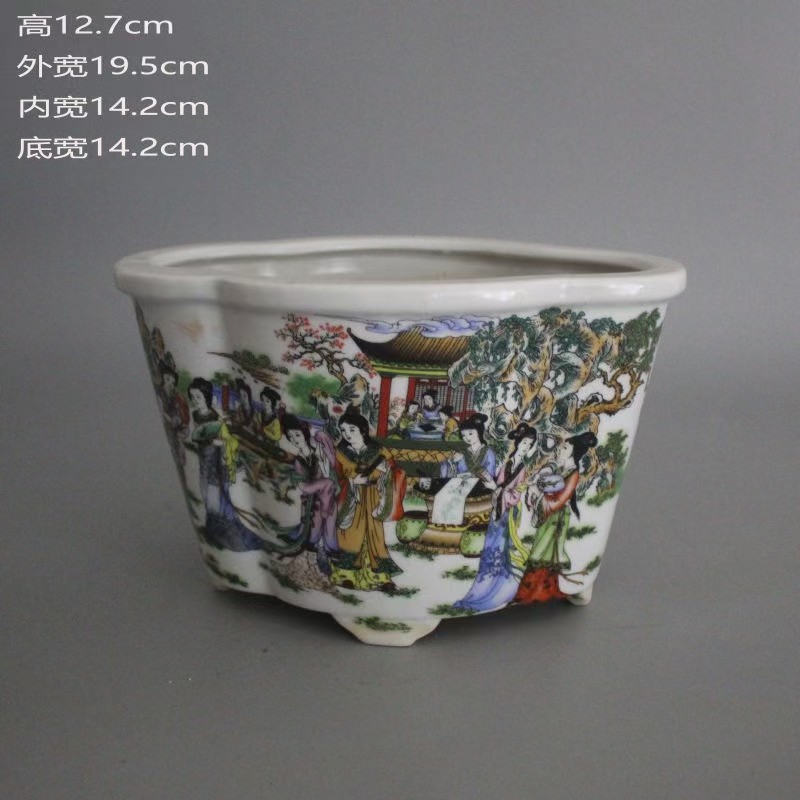 民国粉彩人物花口花盆民间收藏家居装饰花卉摆件古瓷器古董古玩