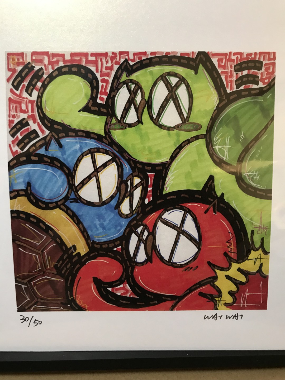 零元拍：歪歪亲笔签名 OWSON系列插画复制画《宝可梦》，尺寸约22/22厘米，拍品不含镜框