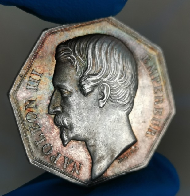 瓶子🏺第28期拍卖会 法国19世纪拿破仑三世龙船JETON银质八角代币（五彩好品）