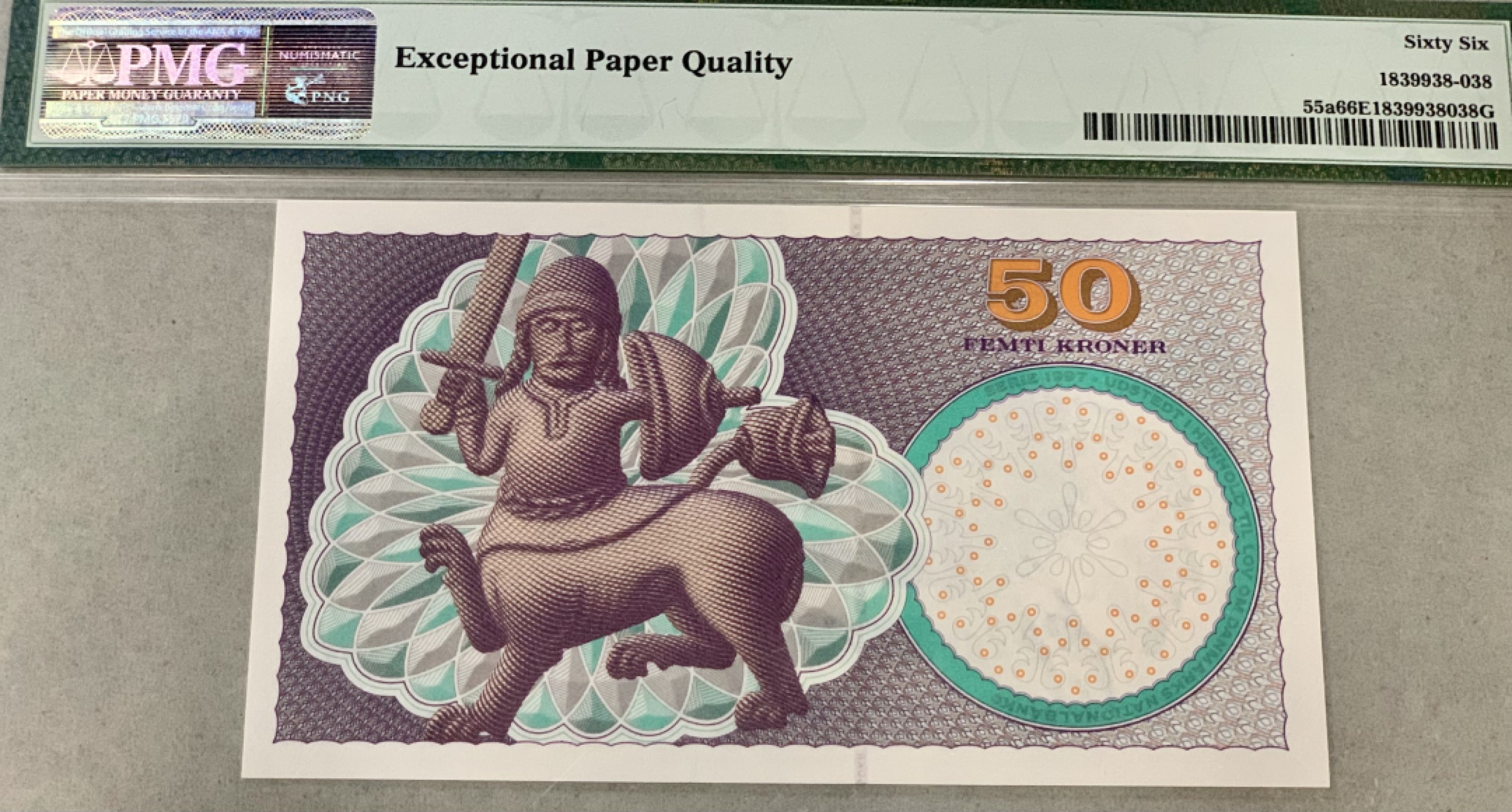 【圣域骑士收藏团】马来西亚60钞 第四期 【陆续增加拍品】（2022004期） 【全程无4&双尾00】1999年 丹麦 50克朗 PMG66分 首发年份 P55a 浮雕版