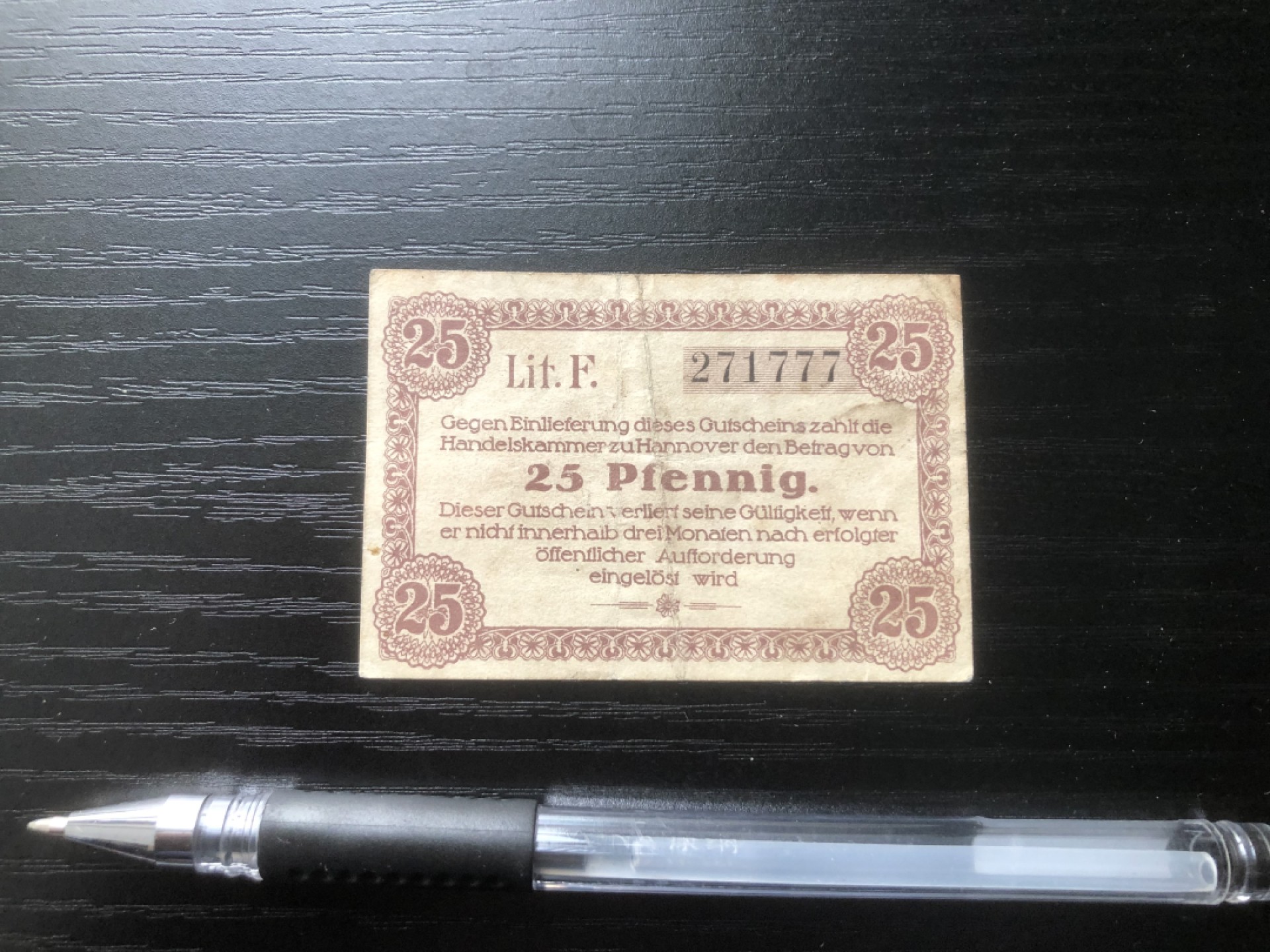 【保诚微拍】第16期 德国一战紧急时期1914-23年纸币【自动拍卖】【全场包邮】【佣金3.99元/件】 【纸币】【德国紧急时期纸币#22】1920年25芬尼 有编号 豹子号