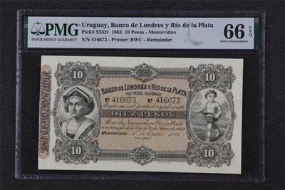 亘邦集藏 第107期 - 1883年乌拉圭10比索 PMG 66EPQ 416673