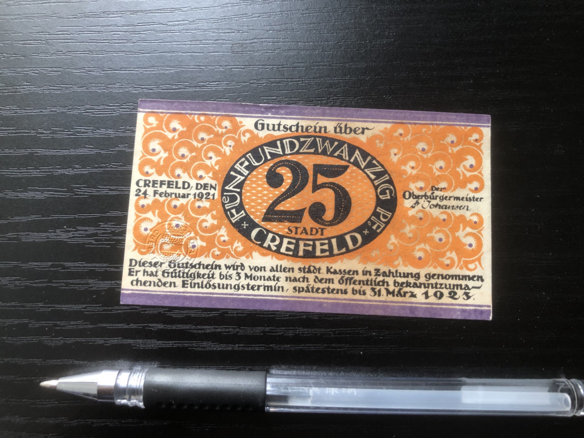 【保诚微拍】第16期 德国一战紧急时期1914-23年纸币【自动拍卖】【全场包邮】【佣金3.99元/件】 【纸币】【德国紧急时期纸币#23】1923年25芬尼 有编号 新 豹子号