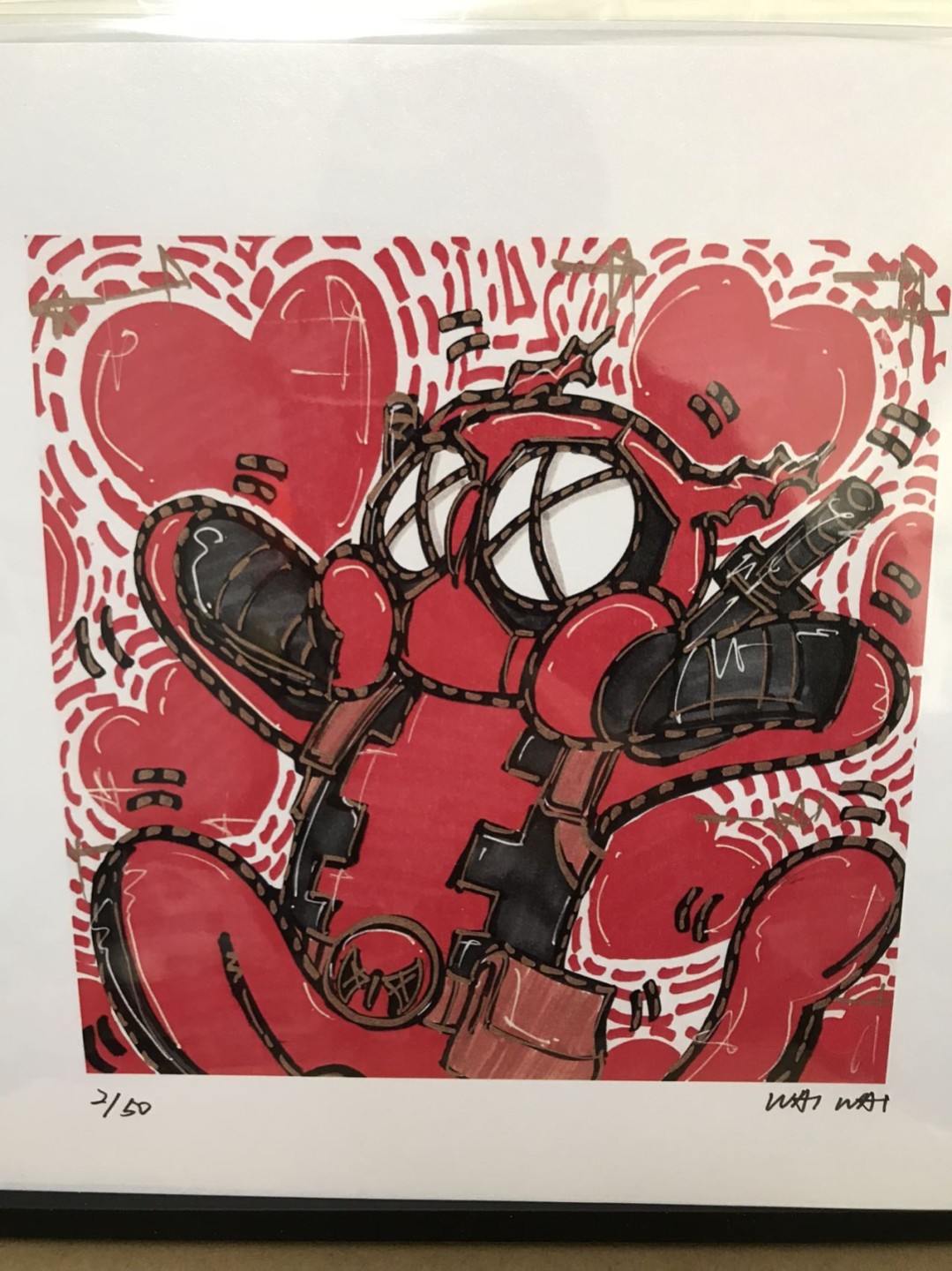 零元拍：歪歪亲笔签名 OWSON系列限量插画复制画《死侍》，尺寸约22/22厘米，拍品不含镜框