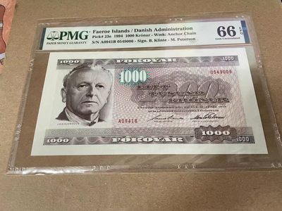 【Blue Auction】✨世界纸币精拍第165期——1号提香（共112拍） - 【A0冠】法罗群岛 1994年1000克朗 PMG66EPQ 经典素描版