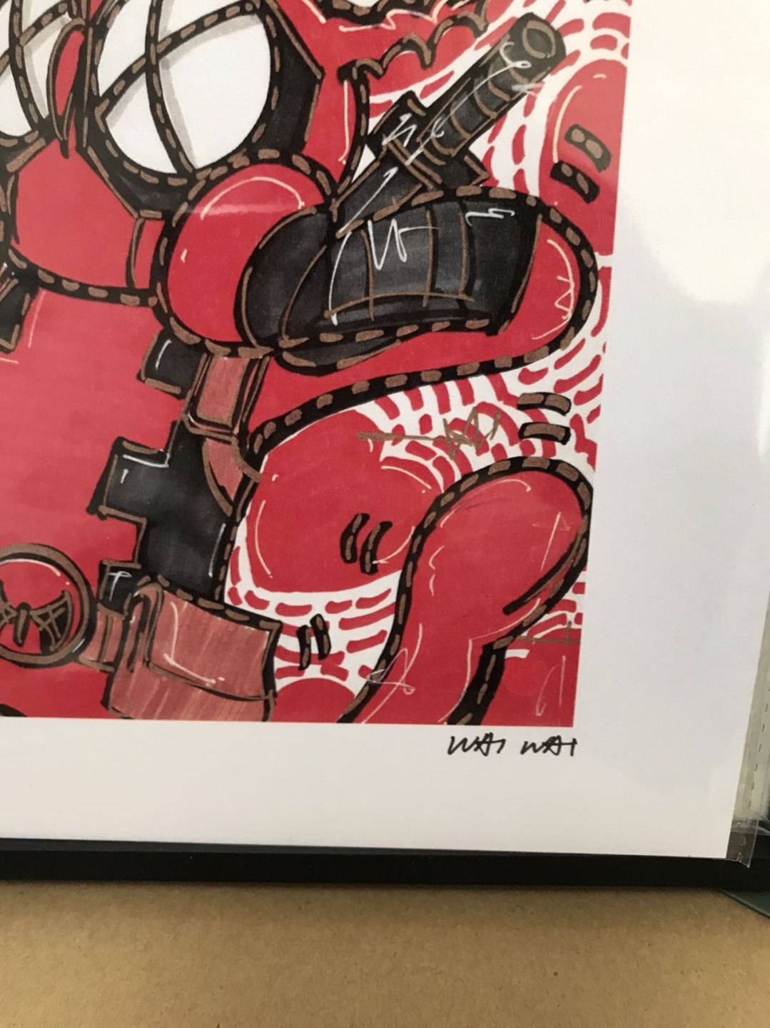 零元拍：歪歪亲笔签名 OWSON系列限量插画复制画《死侍》，尺寸约22/22厘米，拍品不含镜框