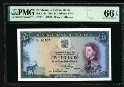 【Blue Auction】✨世界纸币精拍第165期——1号提香（共112拍） -  罗德西亚 1964年 5镑 PMG66EPQ BWC出品 精美 戎装女王 大津巴布韦遗址 