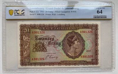 【Blue Auction】✨世界纸币精拍第165期——1号提香（共112拍） - 【少见品种 无47】卢森堡 1943年20法郎 女大公夏洛特 背面非常漂亮 PCGS64