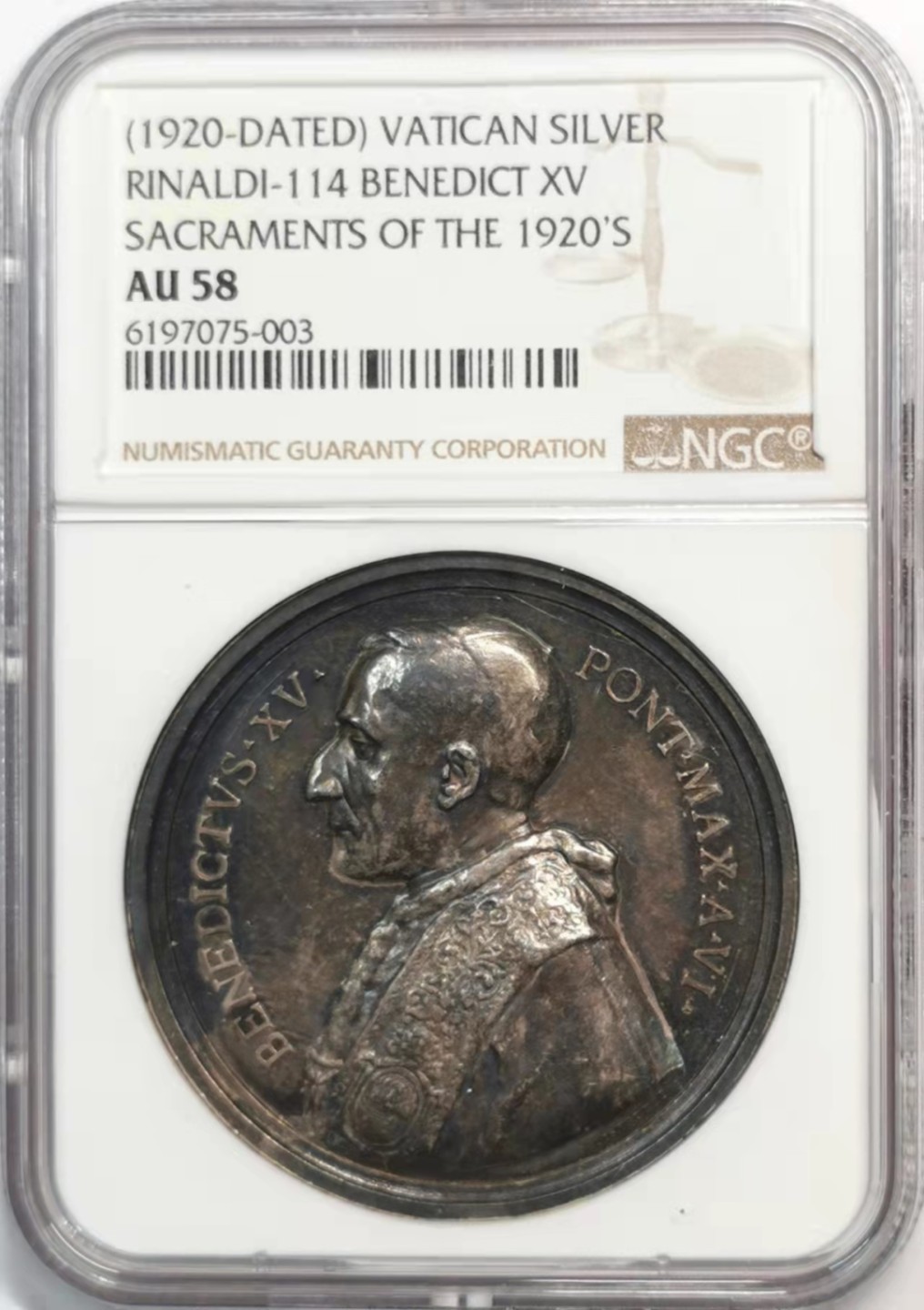 凡希社世界钱币微拍第一百九十一期 1920梵蒂冈圣物纪念银章NGC-AU58