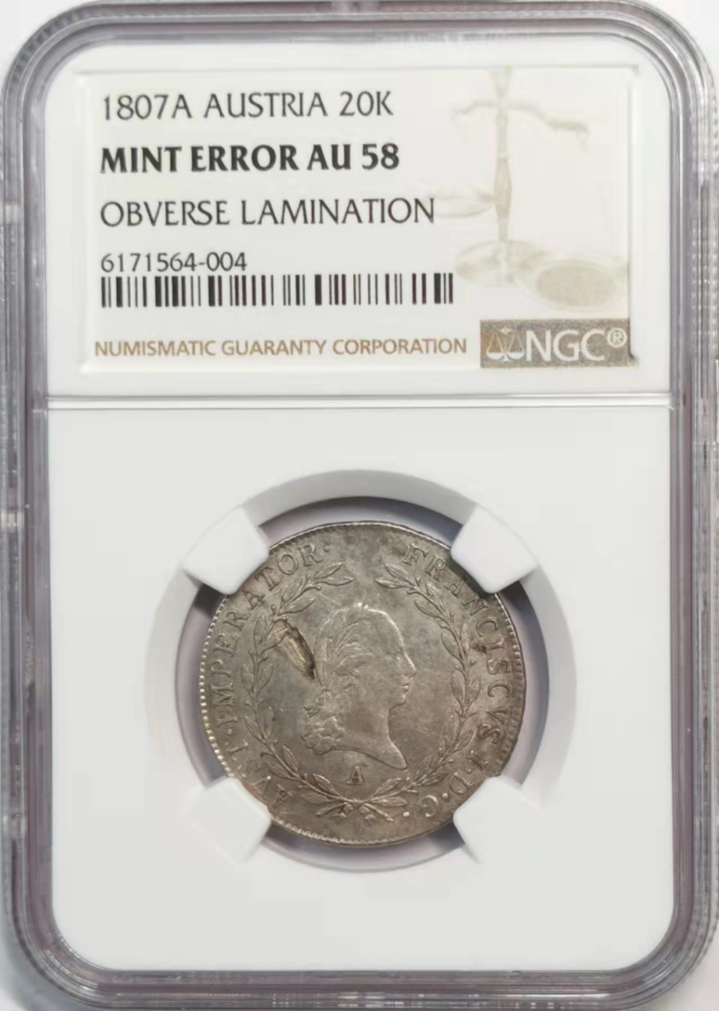凡希社世界钱币微拍第一百九十一期 1804奥地利佛朗茨一世20K银辅币NGC-AU58