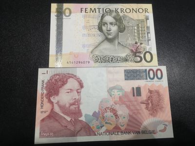 《外钞收藏家》第一百七十期拍卖（本期59件） - 比利时100全新UNC、瑞典50克朗AU品相