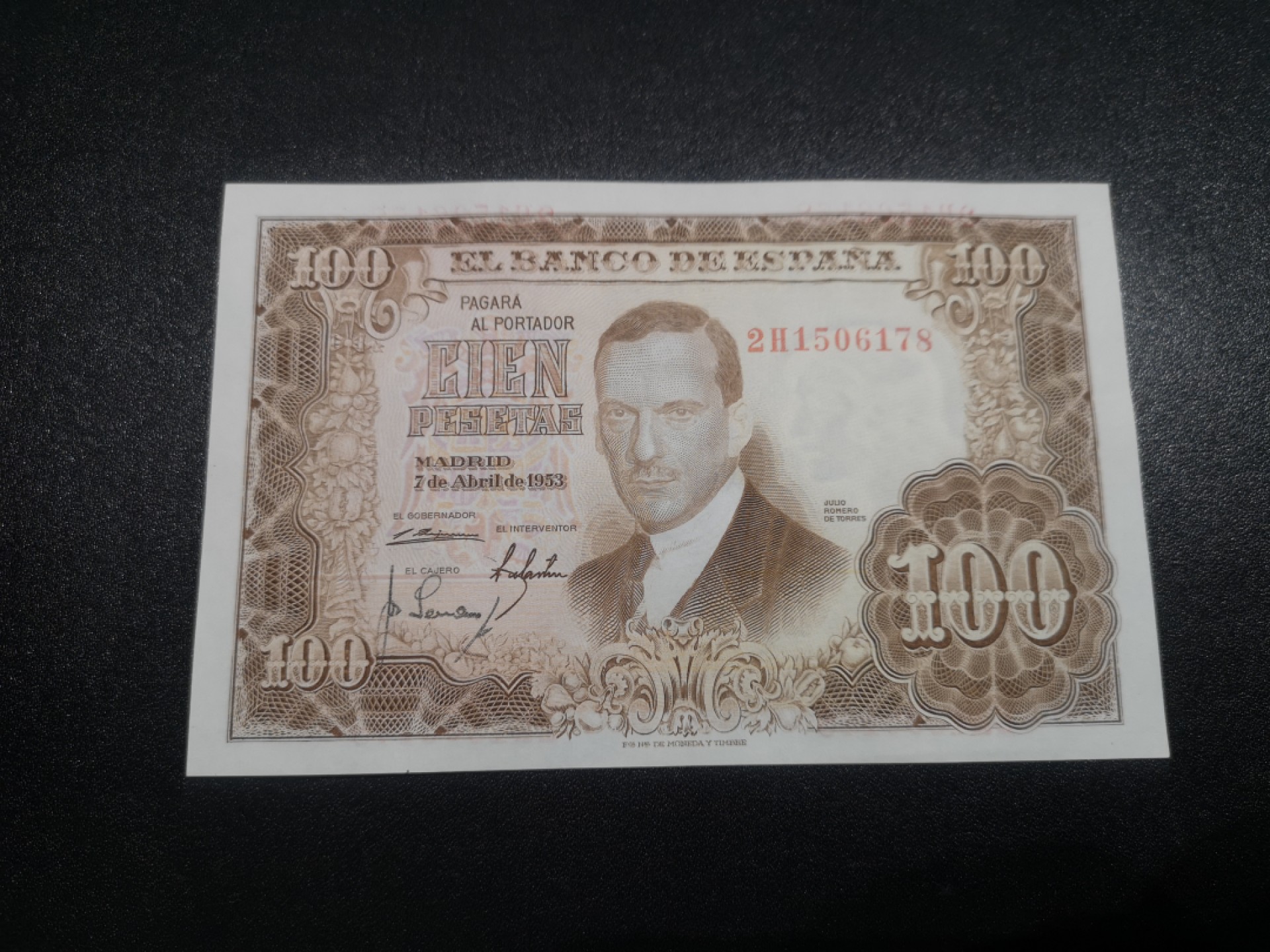 《外钞收藏家》第一百七十期拍卖（本期59件） 1953年西班牙100比塞塔 全新 有一个压痕