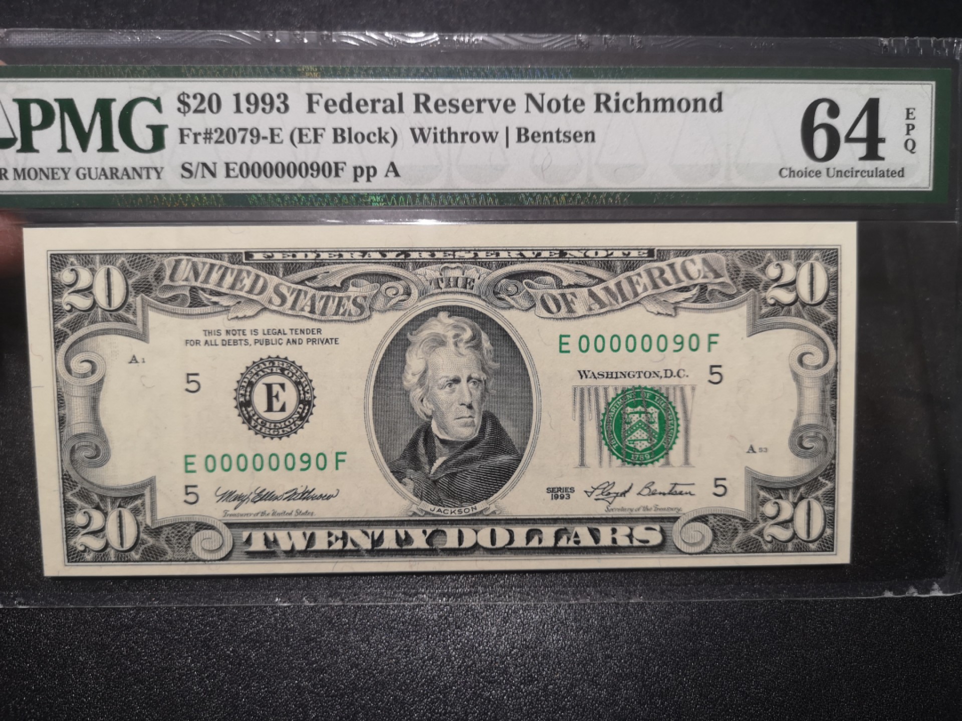 《外钞收藏家》第一百七十期拍卖（本期59件） 1993年小头版20美元 PMG64 超小号90号
