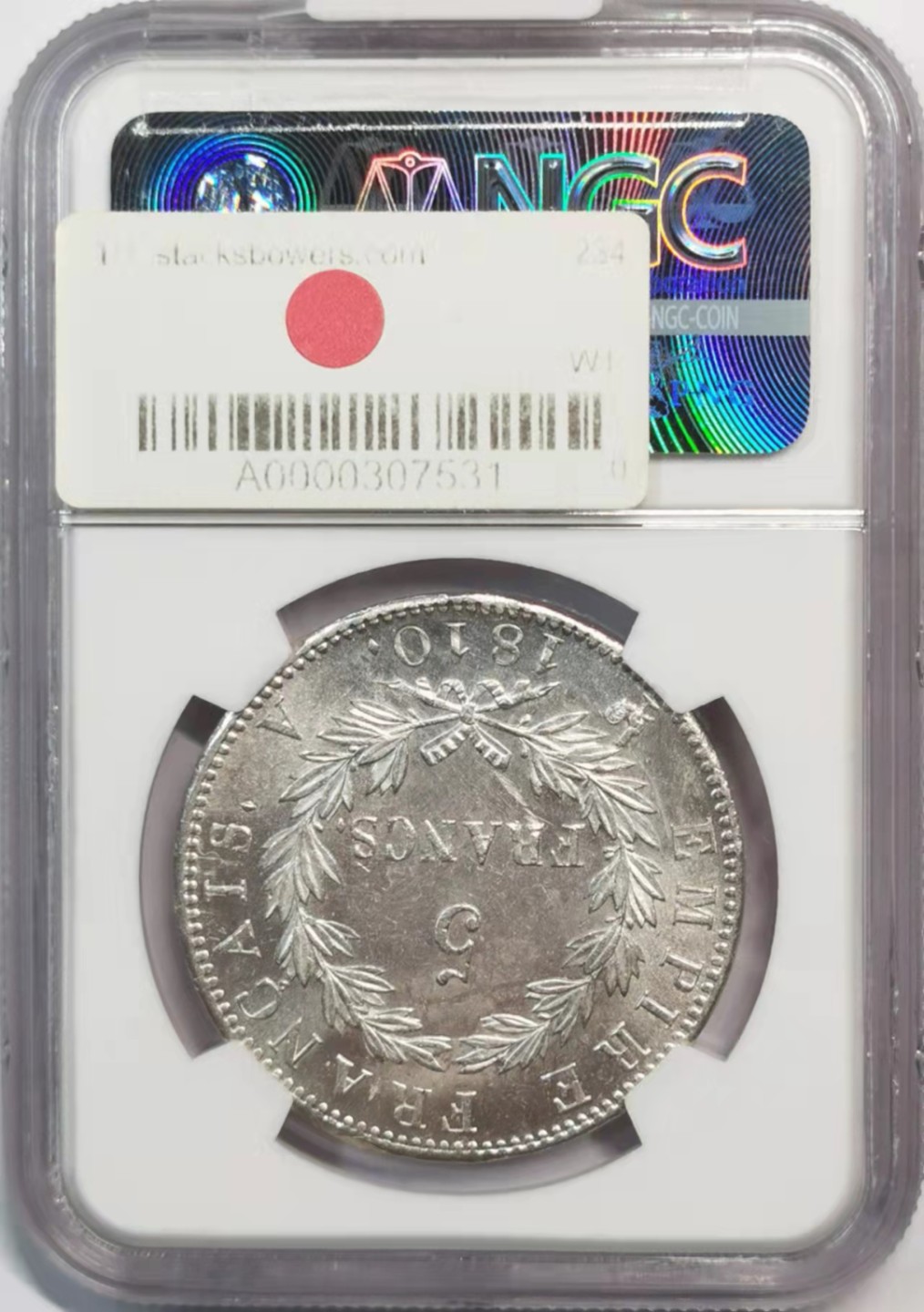 凡希社世界钱币微拍第一百九十一期 荐！1810A法国拿破仑桂冠5法郎NGC-MS62银光好年份！