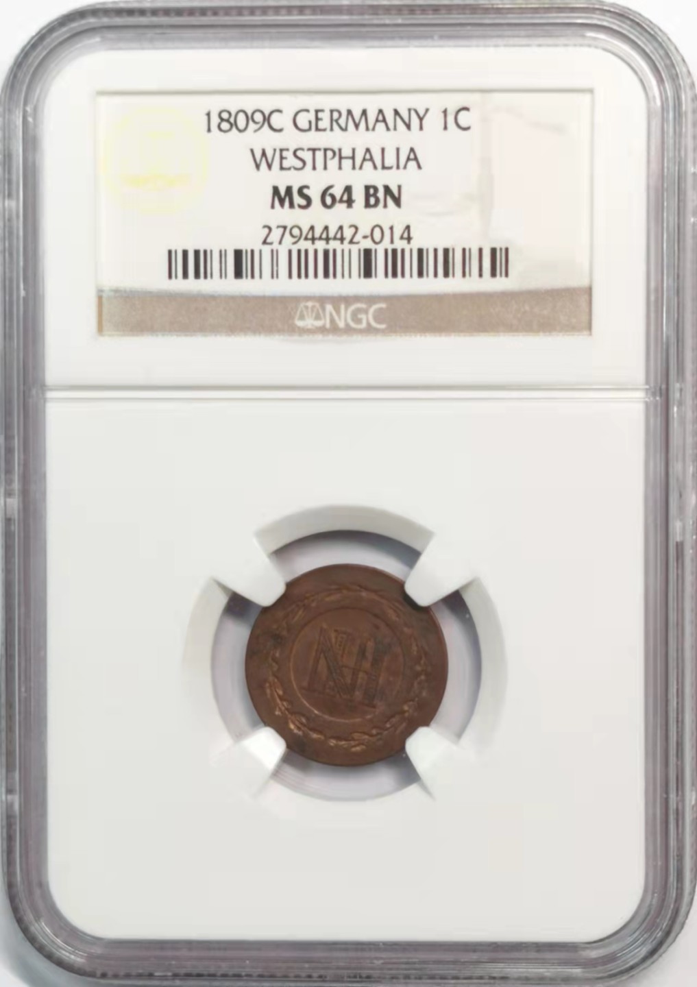 凡希社世界钱币微拍第一百九十一期 荐！1809C热罗姆拿破仑威斯特法伦王国1Cent铜币NGC-MS64BN冠军！