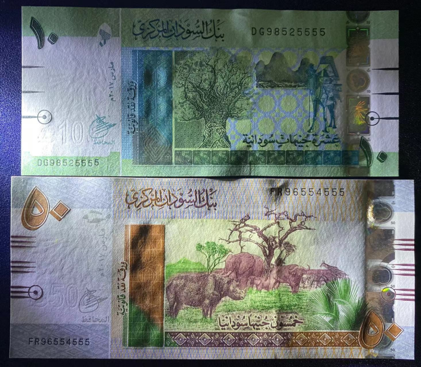 《外钞收藏家》第一百七十期拍卖（本期59件） 苏丹2017年 10镑 狮子5555 和 50镑 豹子555（同个签名）