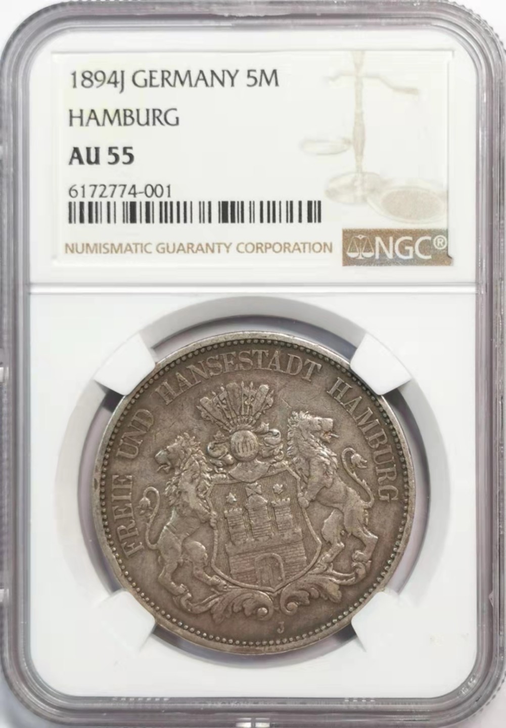 凡希社世界钱币微拍第一百九十一期 1894J汉堡5马克NGC-AU55