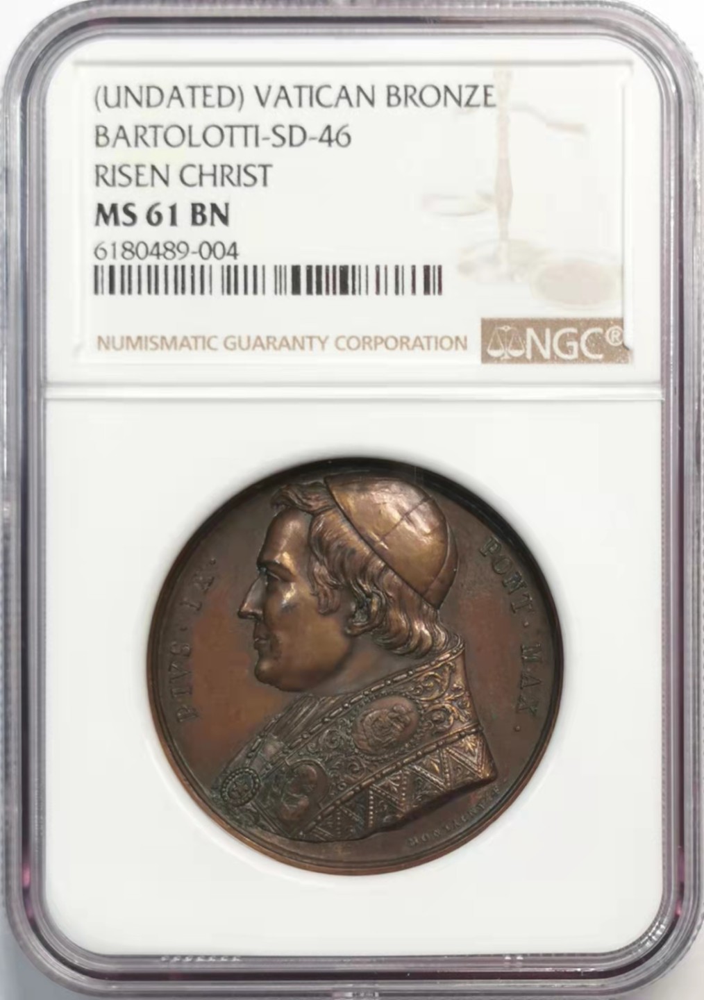 凡希社世界钱币微拍第一百九十一期 十九世纪梵蒂冈耶稣升天纪念铜章NGC-MS61