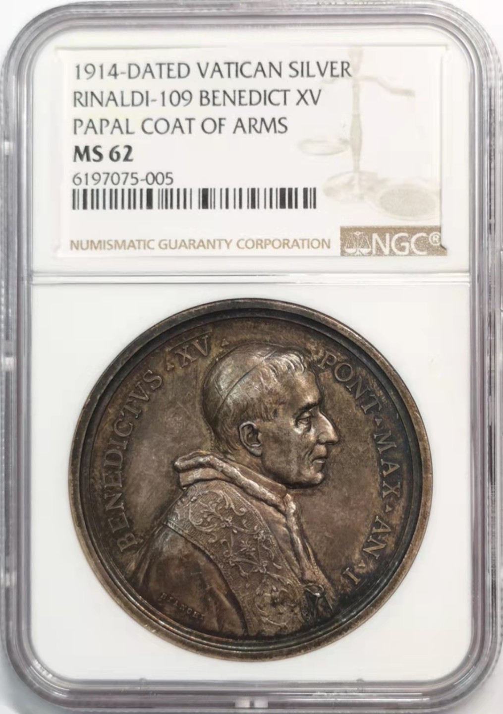 凡希社世界钱币微拍第一百九十一期 1914梵蒂冈教宗本内迪克十五世纪念银章NGC-MS62黑彩！