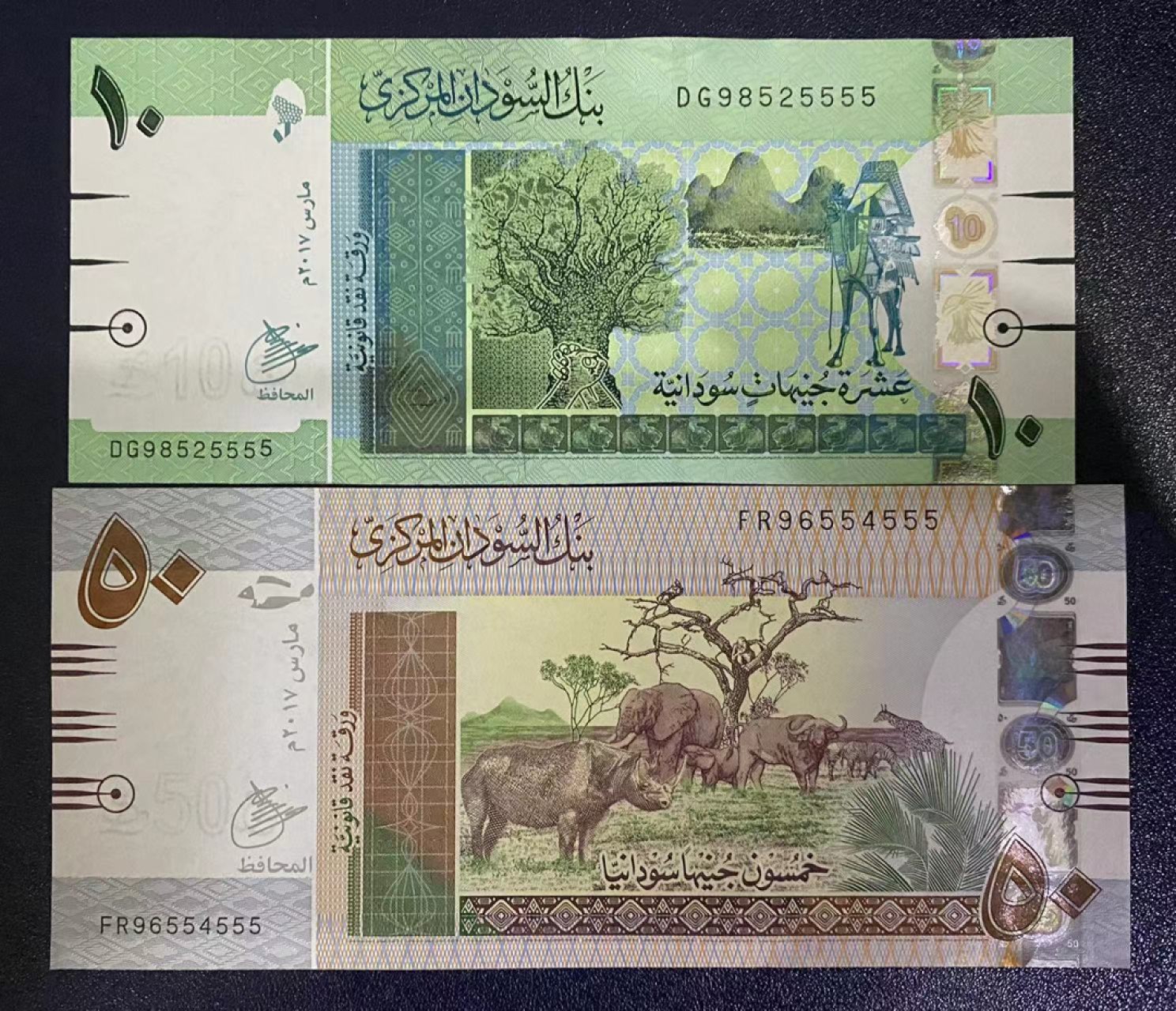 《外钞收藏家》第一百七十期拍卖（本期59件） 苏丹2017年 10镑 狮子5555 和 50镑 豹子555（同个签名）