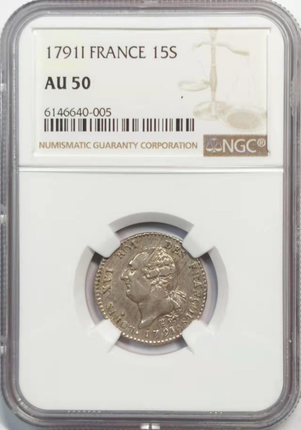 凡希社世界钱币微拍第一百九十一期 1791I法国路易十六15S银辅币NGC-AU50