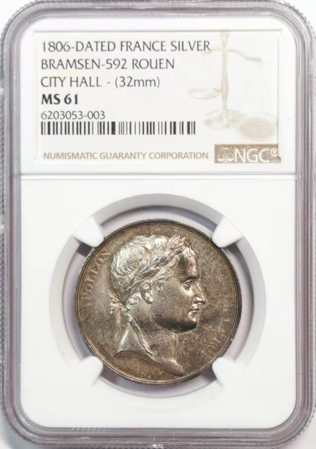 凡希社世界钱币微拍第一百九十一期 1806法国拿破仑纪念银章鲁昂市政厅NGC-MS61