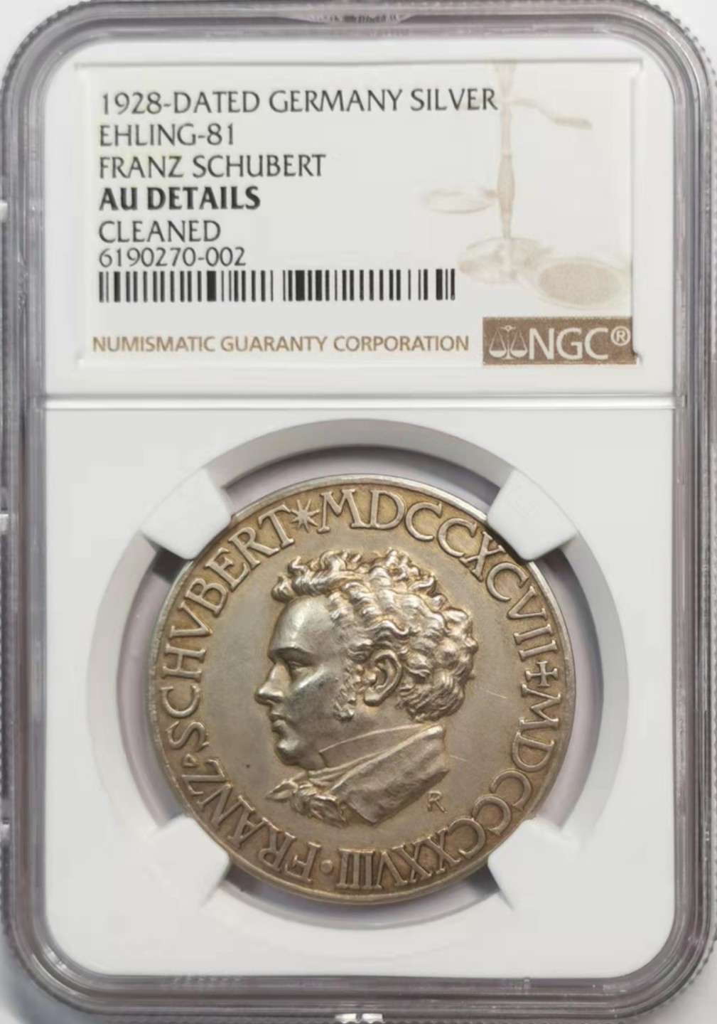 凡希社世界钱币微拍第一百九十一期 1928魏玛舒伯特纪念银章NGC-AUD