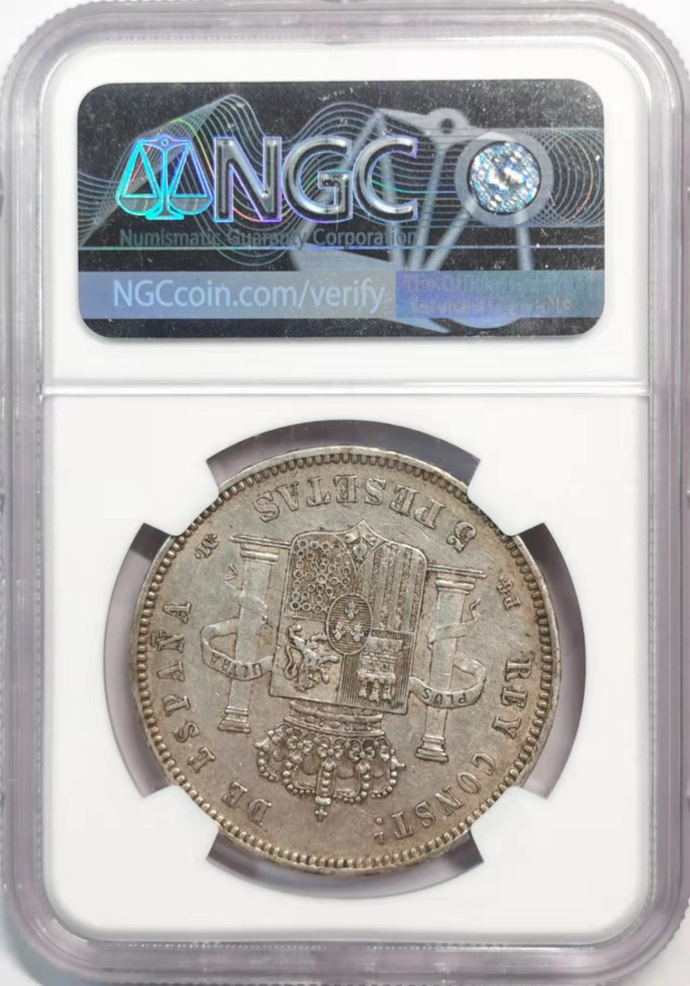 凡希社世界钱币微拍第一百九十一期 1892西班牙卷毛头5比赛塔大银NGC-AU55