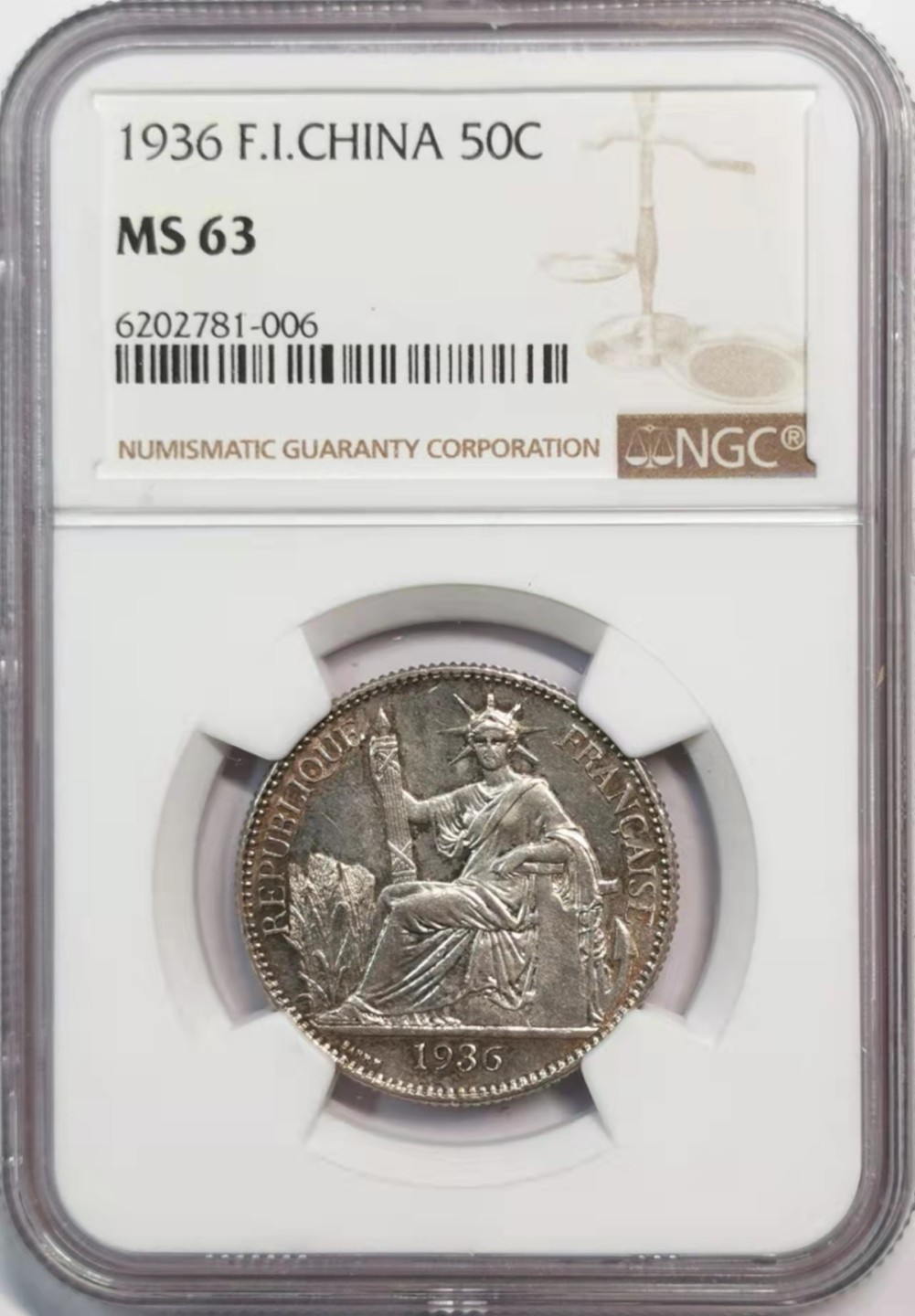 凡希社世界钱币微拍第一百九十一期 1936法属印度支那50分NGC-MS63