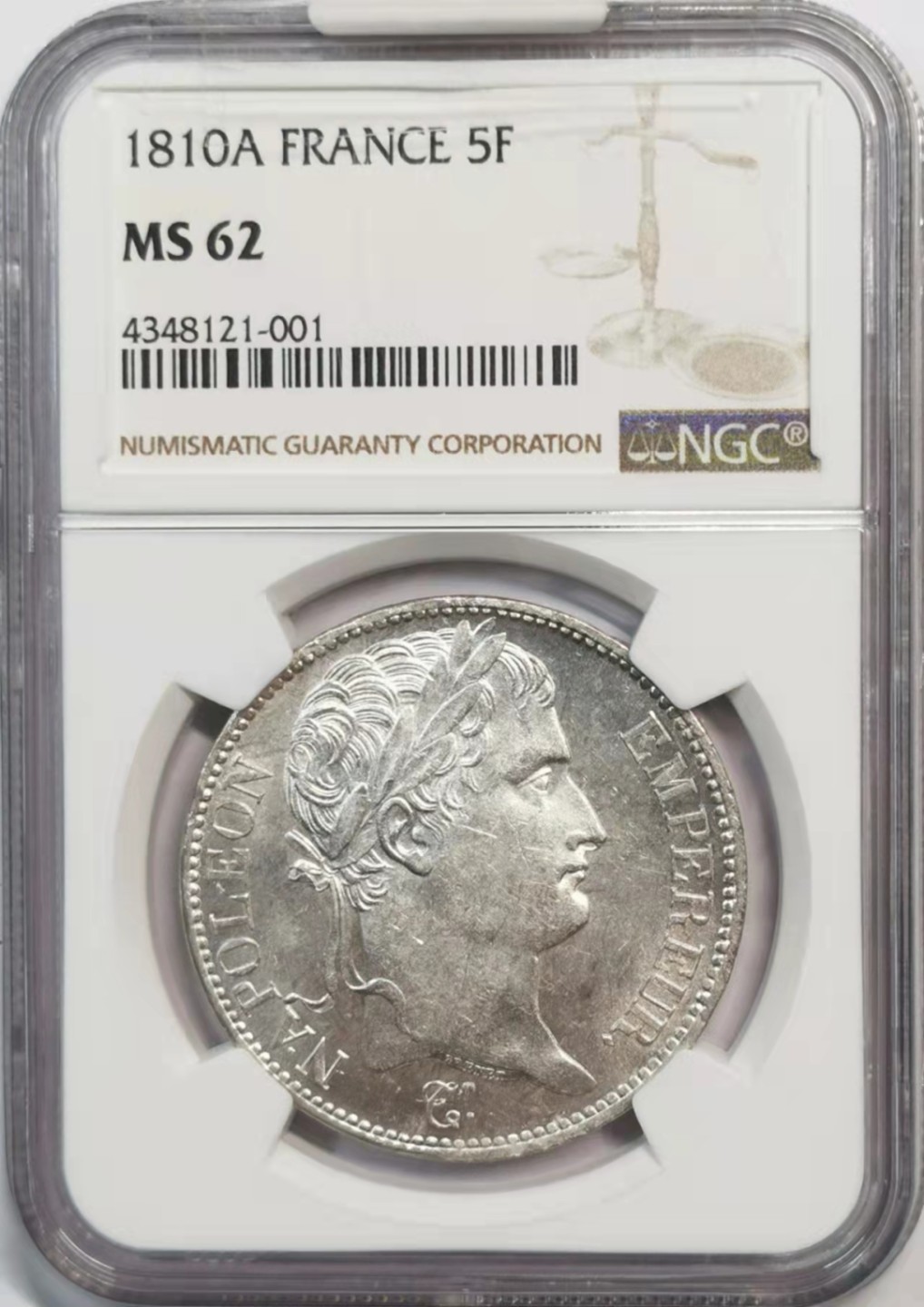 凡希社世界钱币微拍第一百九十一期 荐！1810A法国拿破仑桂冠5法郎NGC-MS62银光好年份！