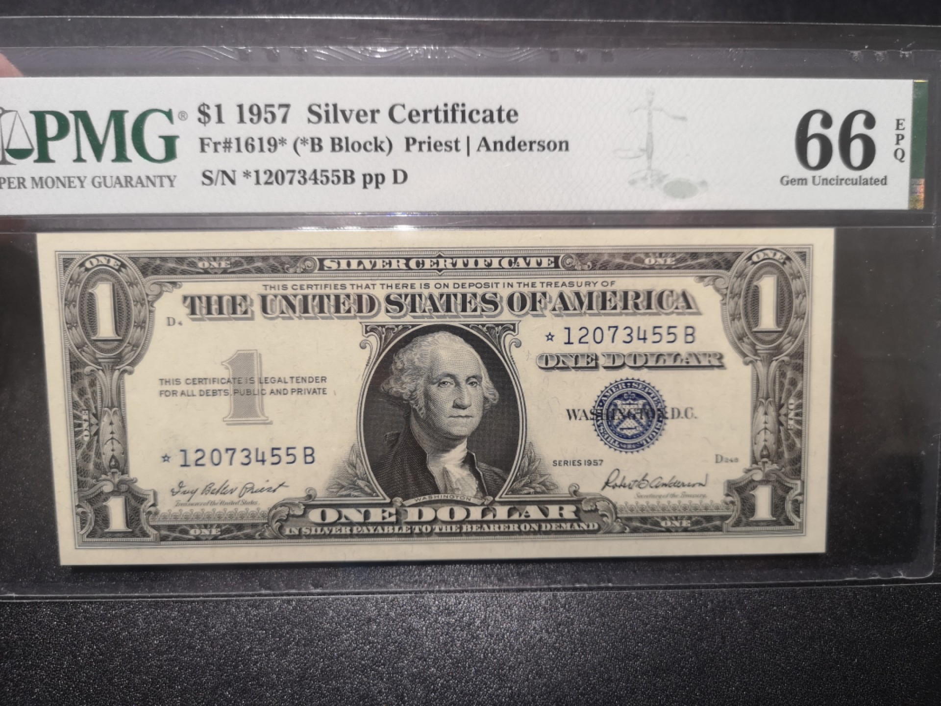 《外钞收藏家》第一百七十期拍卖（本期59件） 1957年蓝库印1美元 PMG66 补号