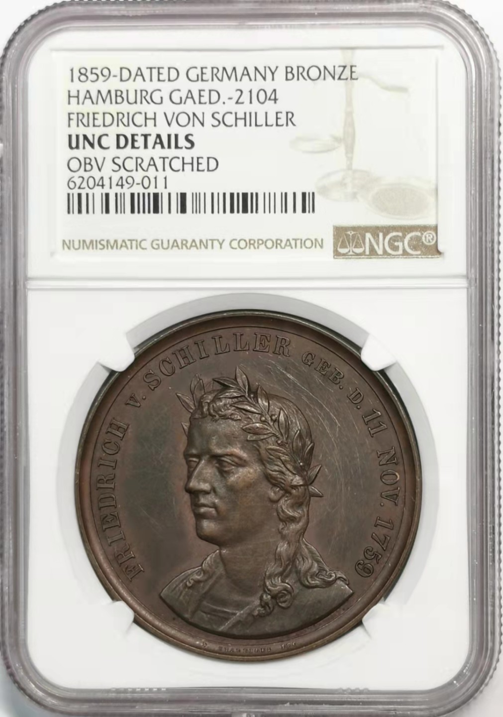 凡希社世界钱币微拍第一百九十一期 1859德国席勒纪念铜章NGC-UNCD