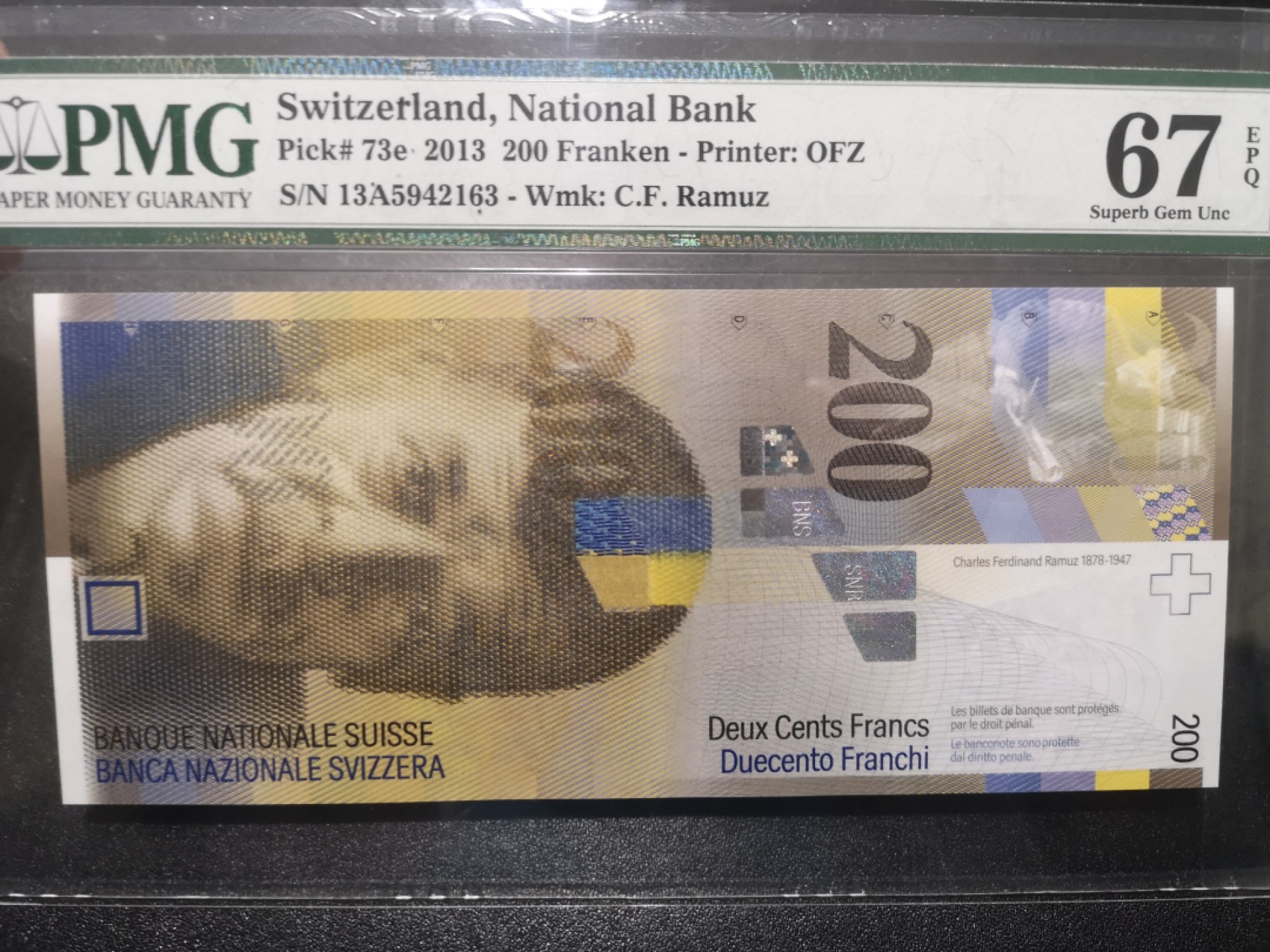 《外钞收藏家》第一百七十期拍卖（本期59件） 2013年瑞士200法郎 PMG67高分 稀少A