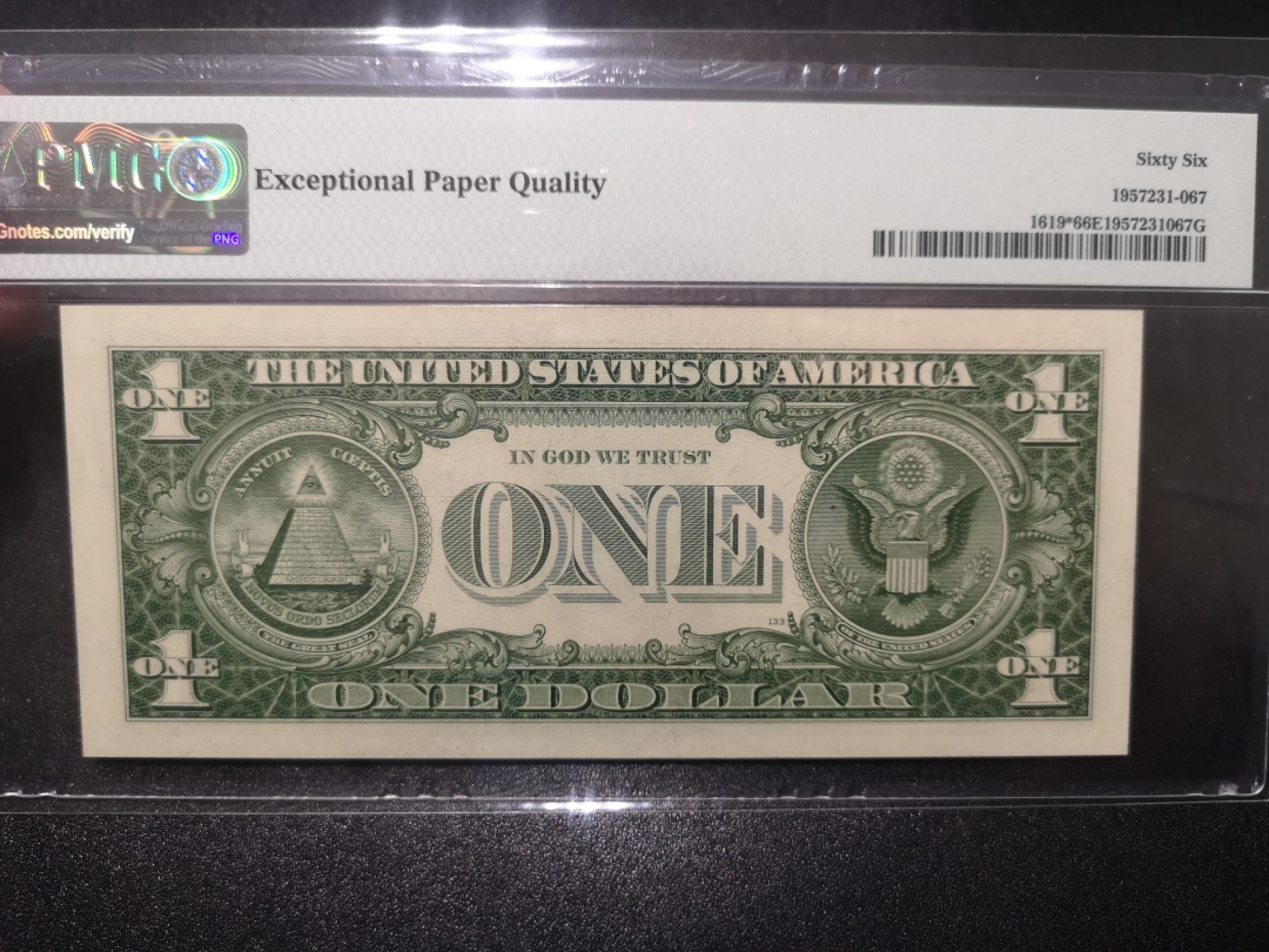 《外钞收藏家》第一百七十期拍卖（本期59件） 1957年蓝库印1美元 PMG66 补号