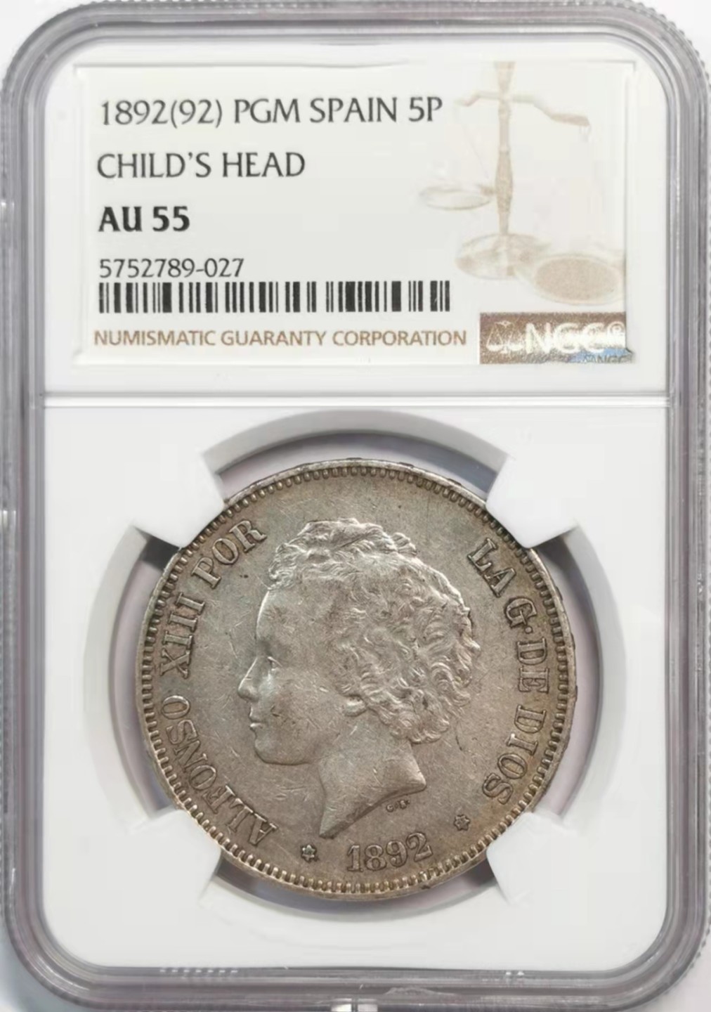 凡希社世界钱币微拍第一百九十一期 1892西班牙卷毛头5比赛塔大银NGC-AU55