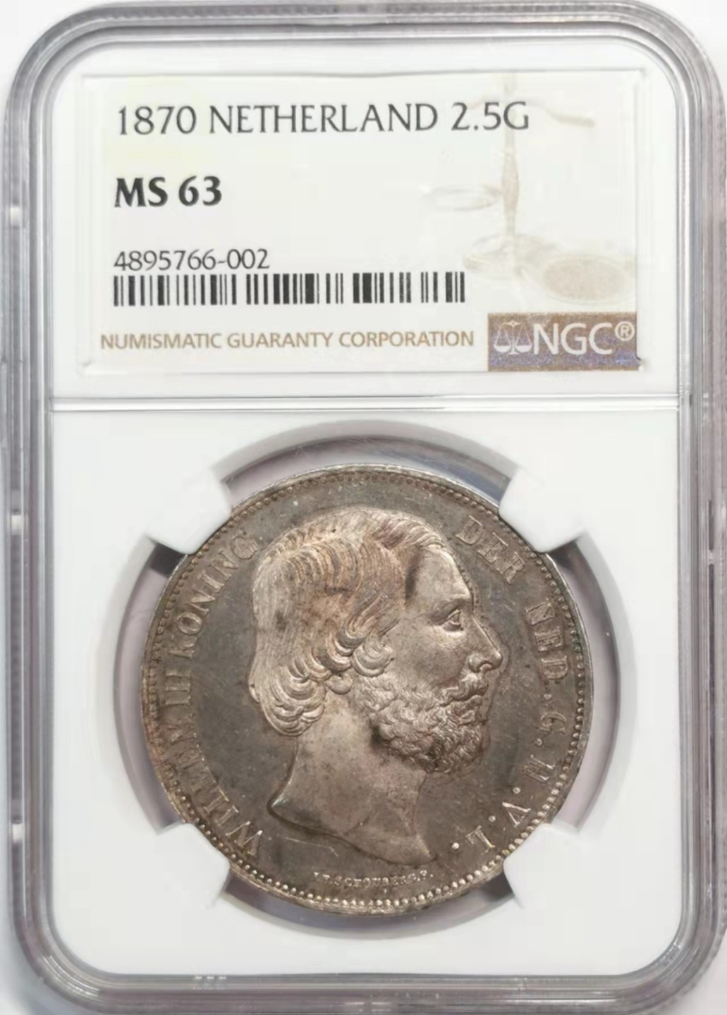 凡希社世界钱币微拍第一百九十一期 荐！1870荷兰威廉三世2.5盾大银NGC-MS63铸造细节锐利实物PL