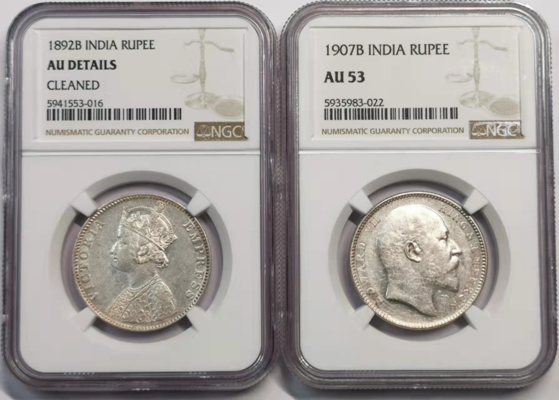 凡希社世界钱币微拍第一百九十一期 英属印度小维爱七卢比一对NGC