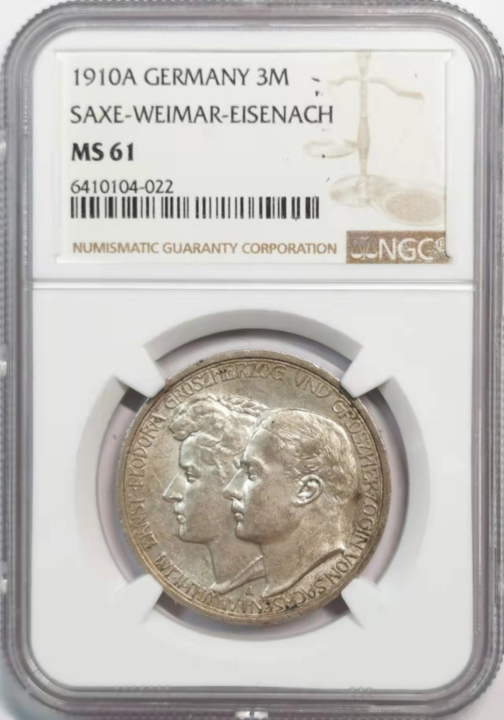 凡希社世界钱币微拍第一百九十一期 1910萨克森魏玛爱森纳赫3马克NGC-MS61