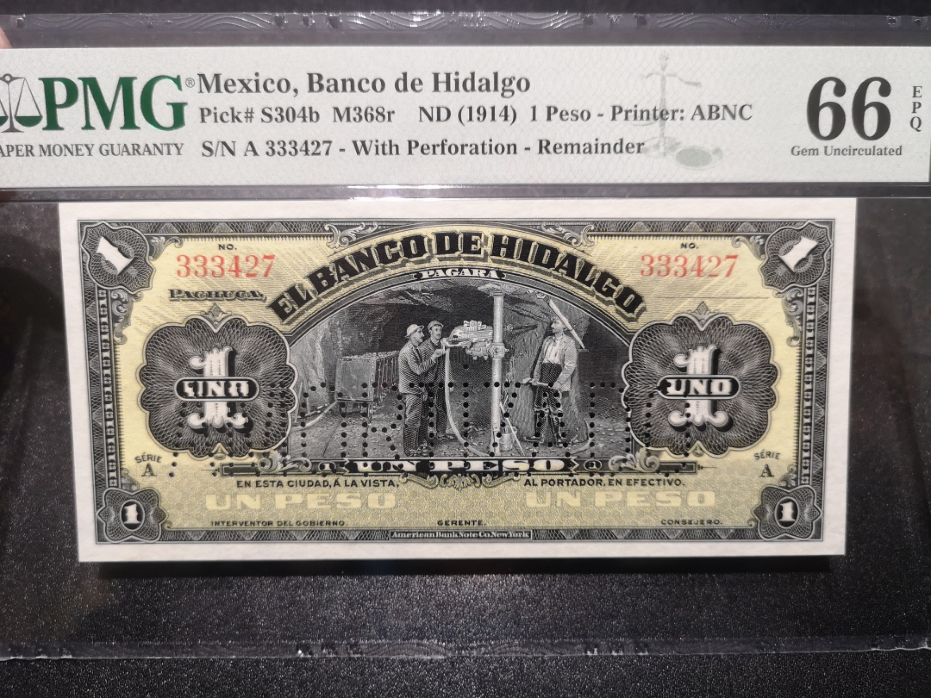 《外钞收藏家》第一百七十期拍卖（本期59件） 1914年墨西哥1比索 PMG66