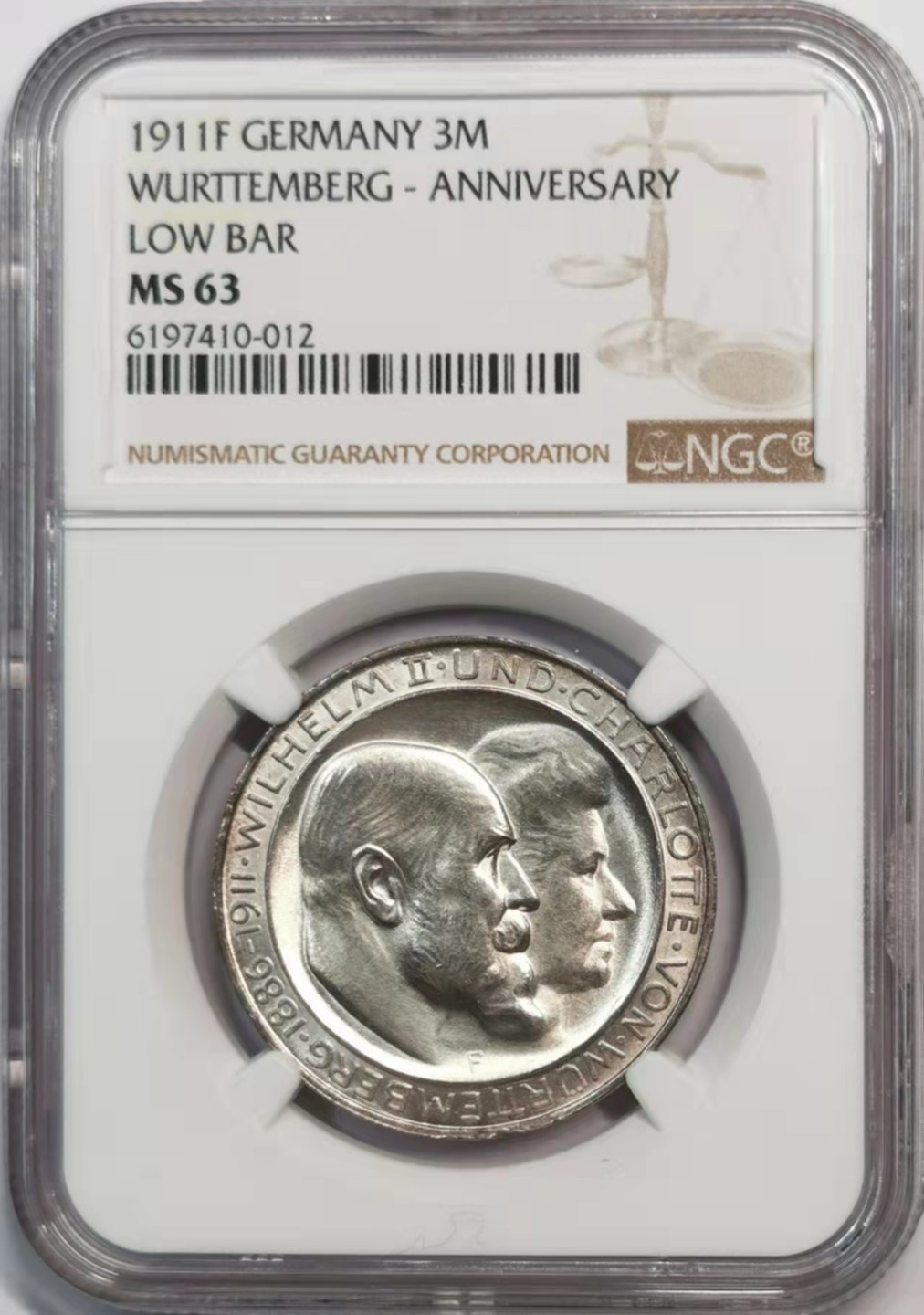 凡希社世界钱币微拍第一百九十一期 1911符腾堡3马克银币NGC-MS63