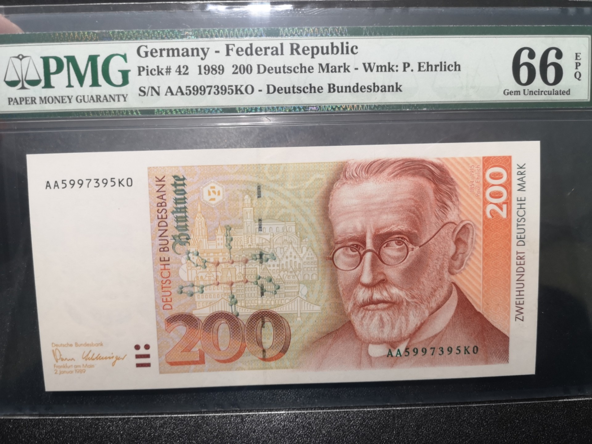 《外钞收藏家》第一百七十期拍卖（本期59件） 1989年德国末版200马克 PMG66 AA冠