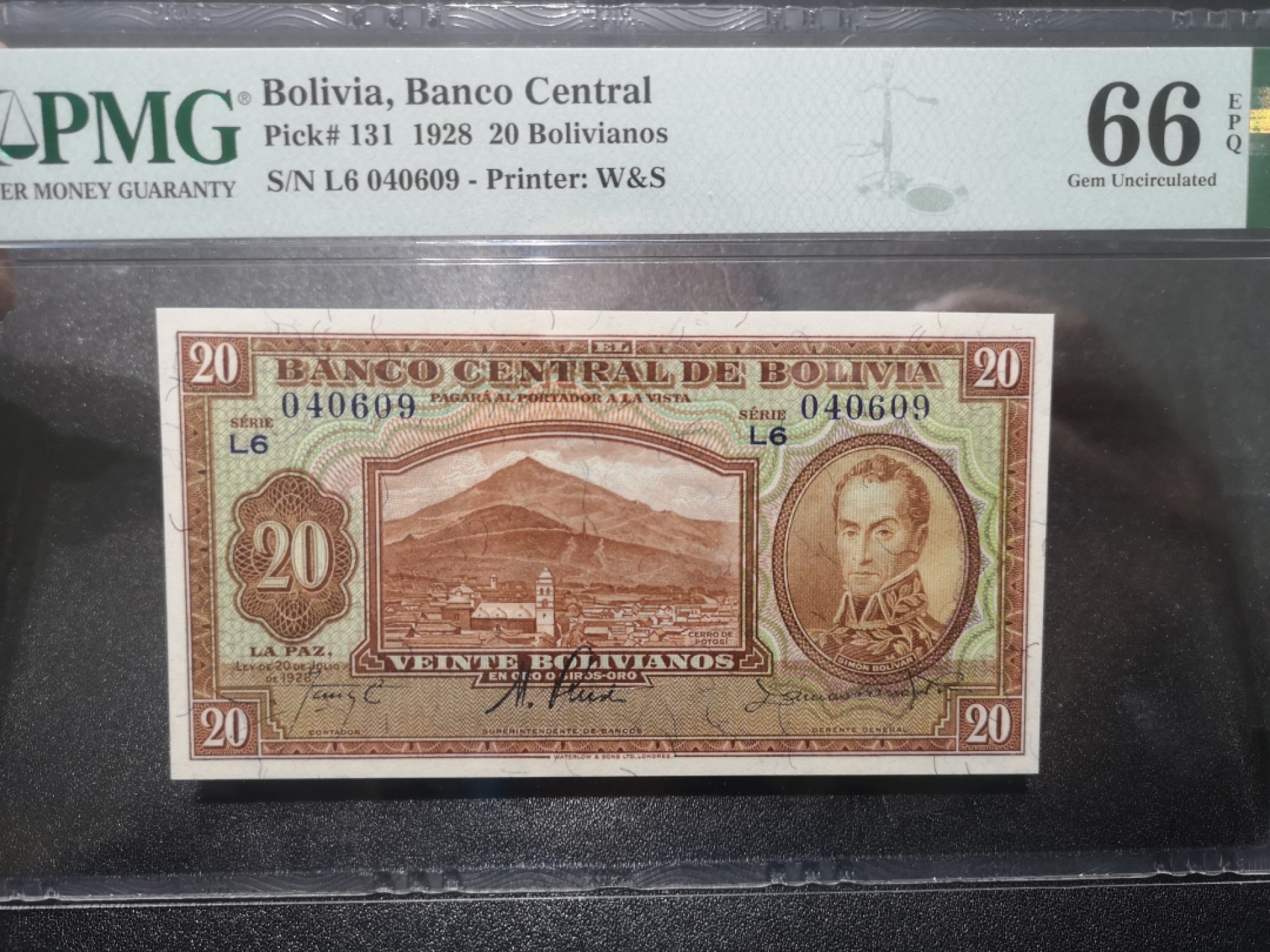 《外钞收藏家》第一百七十期拍卖（本期59件） 1928年玻利维亚20 PMG66 冠军分 W&S印钞
