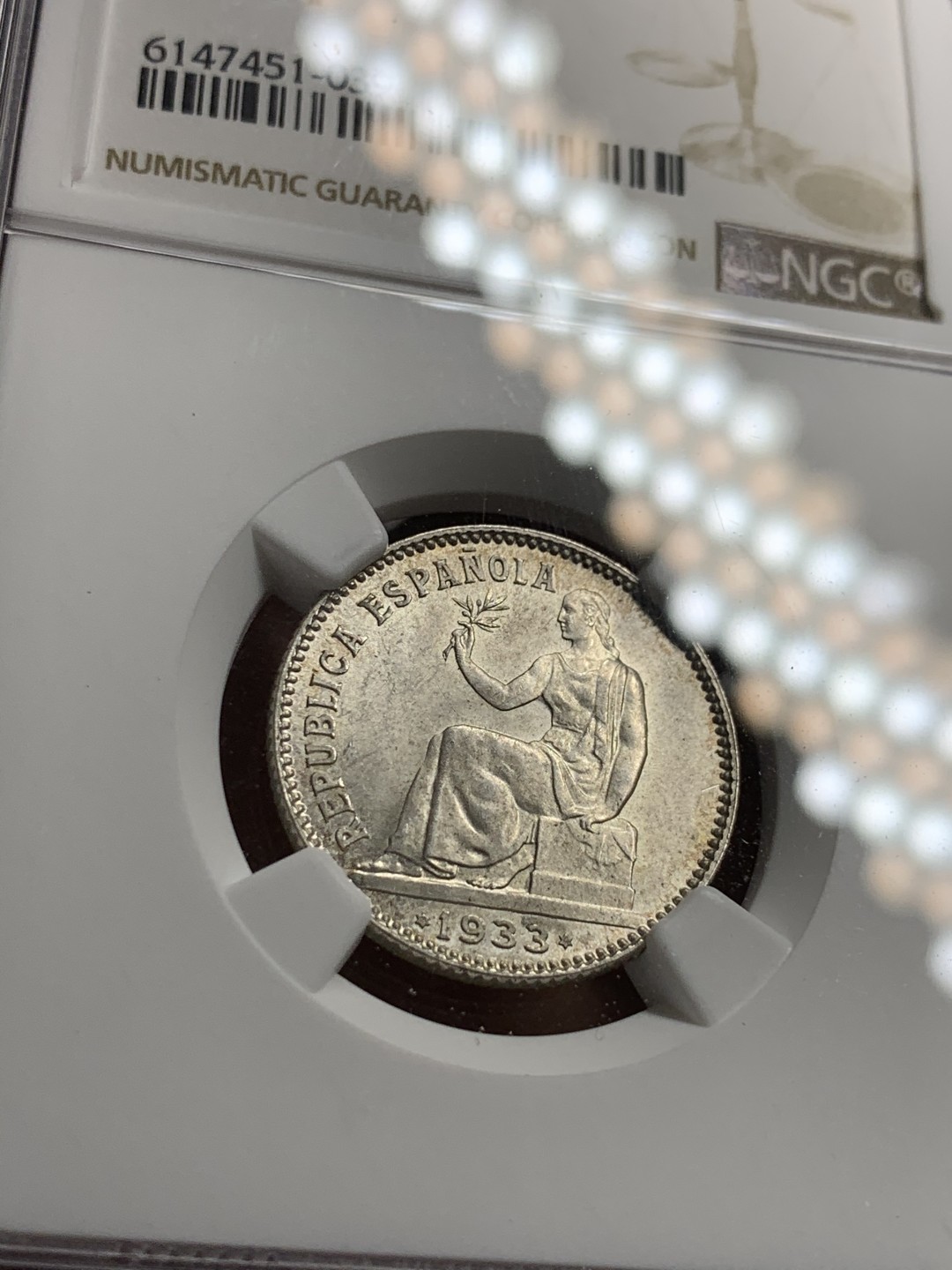 《竞宝斋》第38场-本周一 （全场顺丰包邮） NGC-MS64 西班牙 1933年 内战 1比塞塔银币 粉光 顶级状态 非常难得