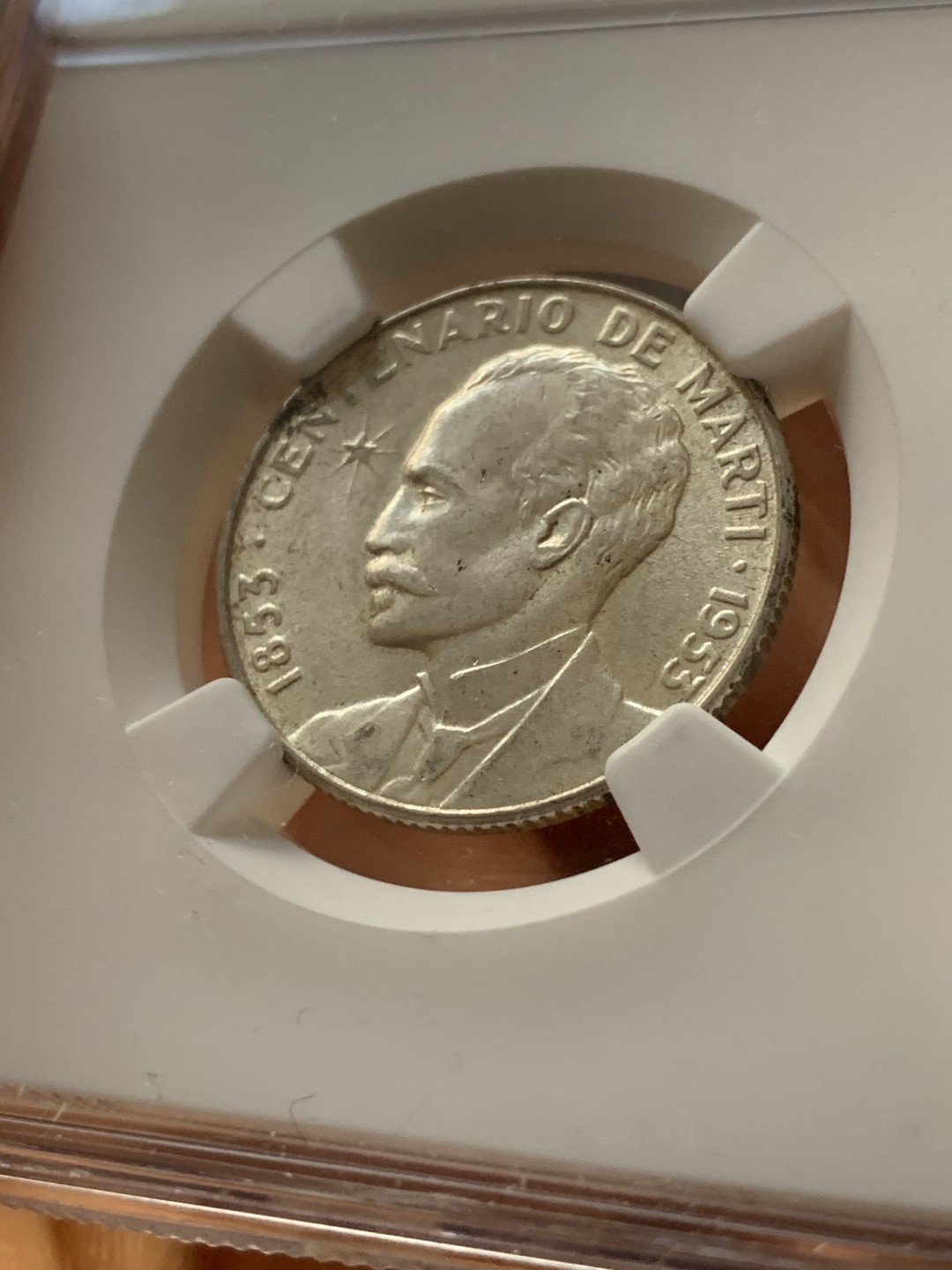 《竞宝斋》第38场-本周一 （全场顺丰包邮） NGC-MS63 古巴 1953年 何塞马丁百年纪念 25分 原光银币 能上这分不容易